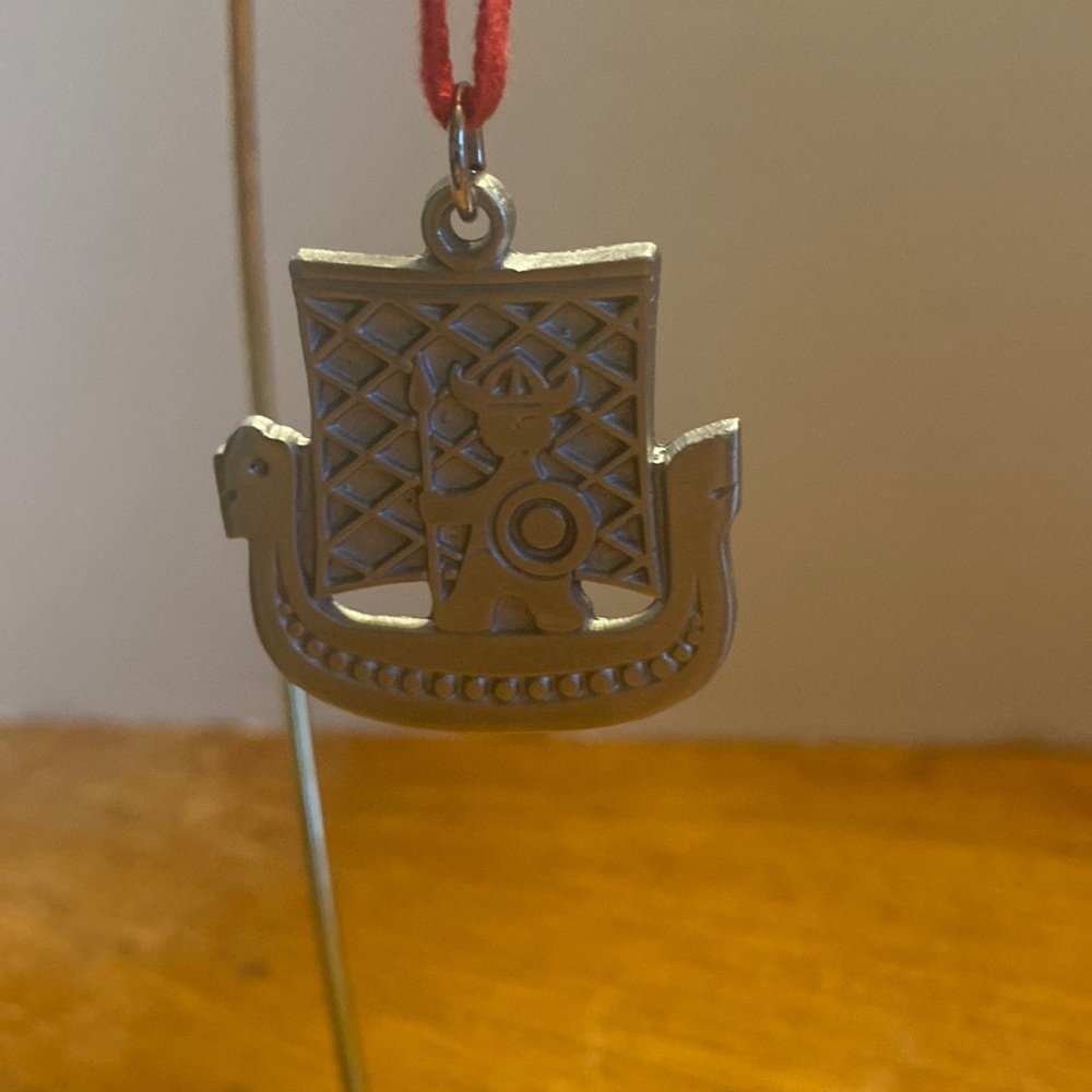 Vintage Rune Tennesmed handcrafted Nordic Viking warrior on Drakkar ornament